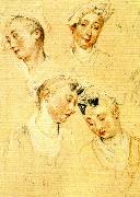 WATTEAU, Antoine fyra huvudstudier av ung kvinna oil painting reproduction
